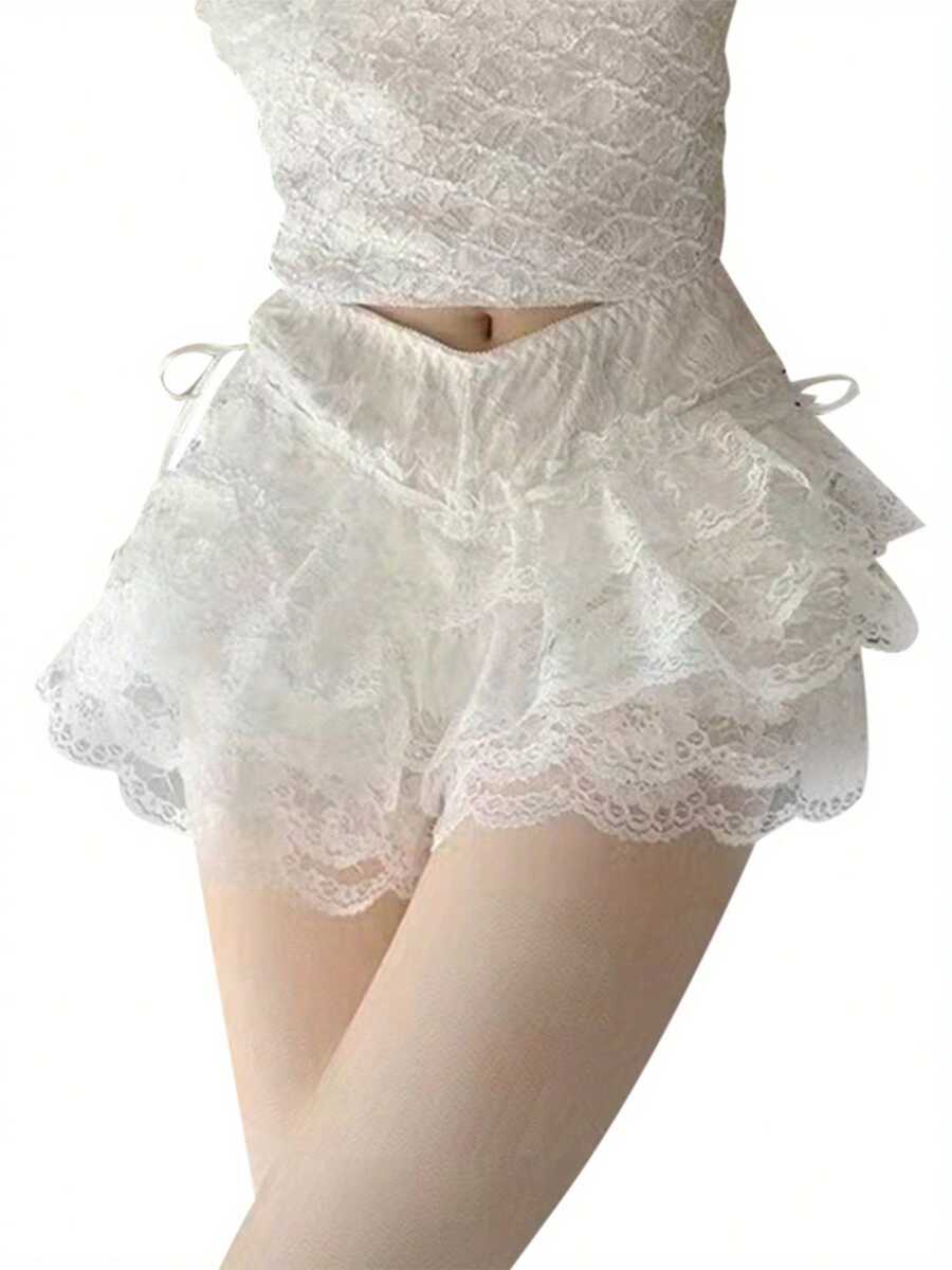 Women's Summer Lace Shorts Elastic Waist Layered Lace Ruffle Bow Shorts Bloomer Shorts Y2K Pettipants Pajama Sexy Boyshorts - trắng - Xem 1