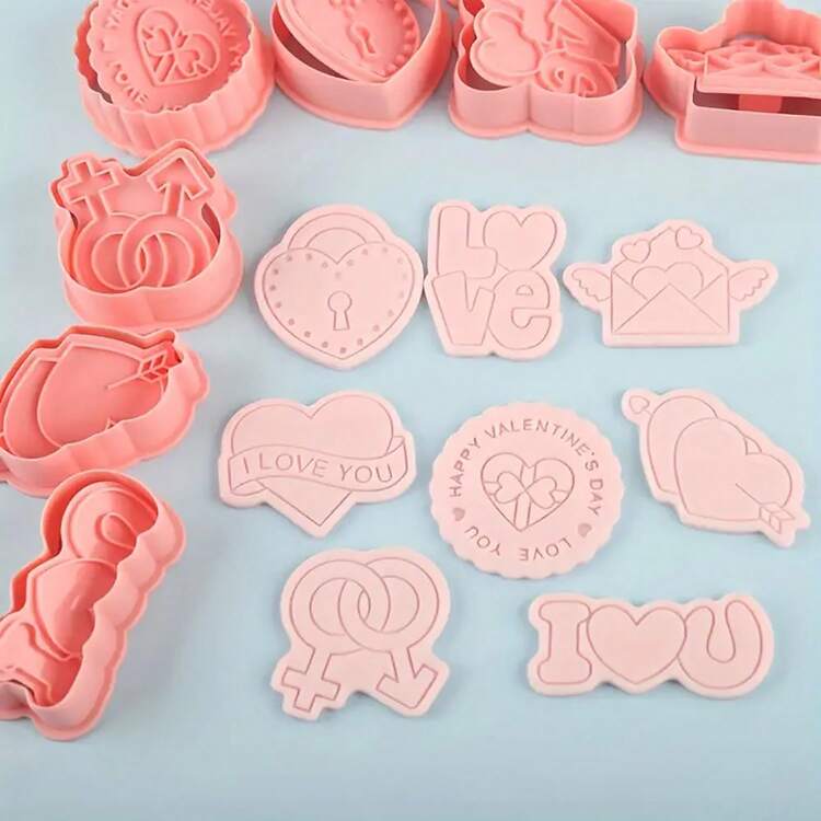 Juego de 8 piezas de cortadores de galletas con forma de corazón, molde de galletas 3D en relieve, sello de galletas 3D de dibujos animados, herramientas de horneado DIY, accesorios de cocina para el Día de San Valentín - Multicolor - Añade 4
