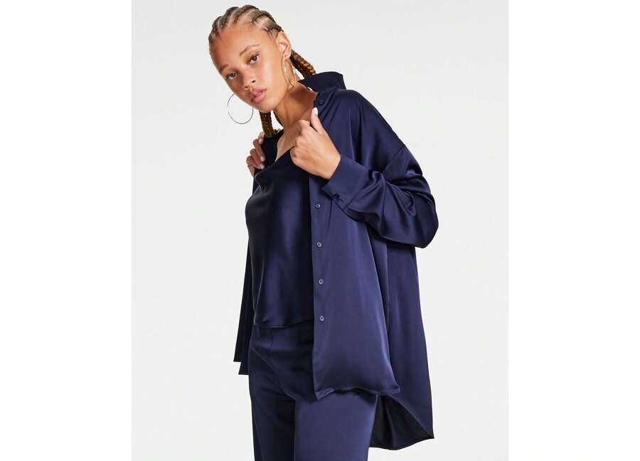 Women's Oversized Satin Collared Long-Sleeve Shirt - Midnight - View 1