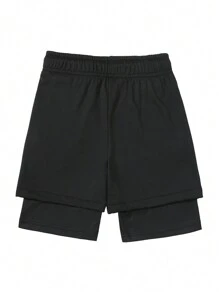 Men's Summer 2 In 1 Straight Sports Shorts, Black Street Graphic Print Breathable Knee-Length Pants