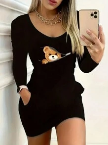 熊印花黑色休闲长袖连衣裙秋冬女装 - 黑色 - 查看 1