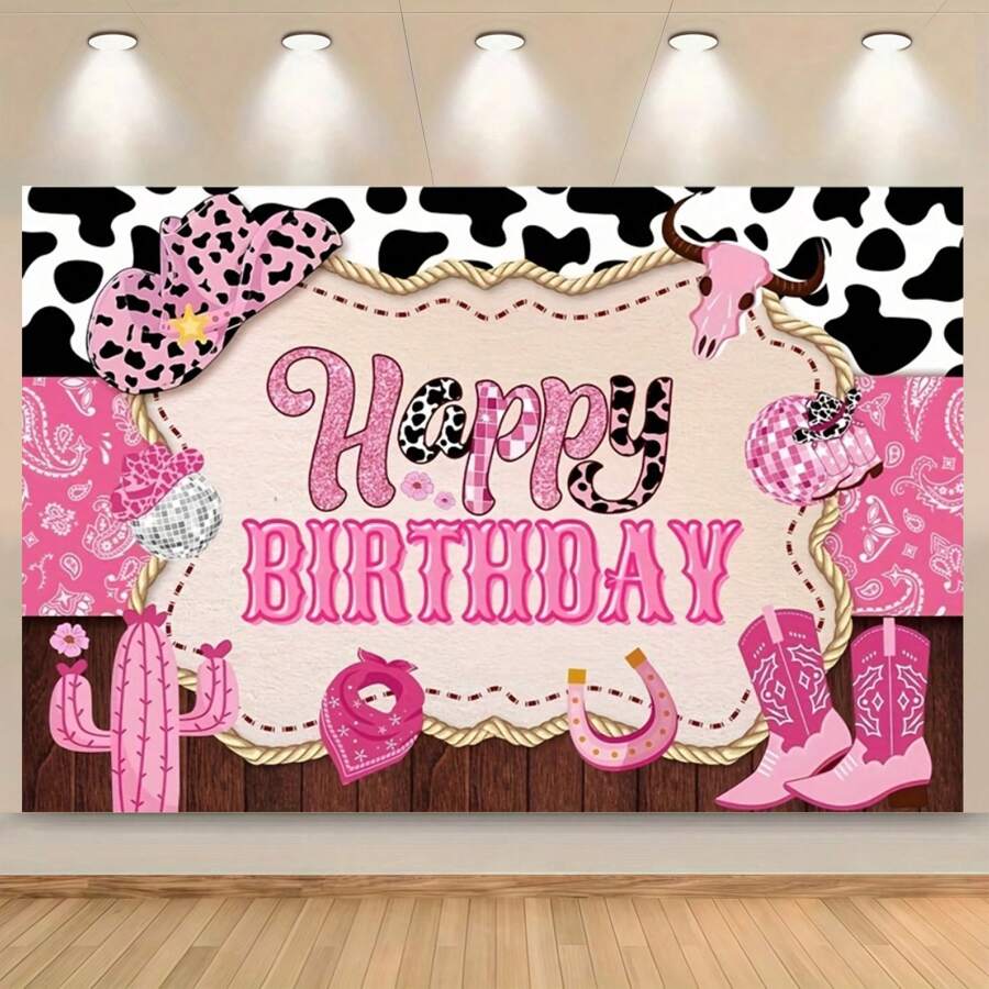 1 Peça Banner de Bottom para Aniversário Estilo Cowboy, Tema Disco Oeste Rosa, Decoração de Parede para Festa de Aniversário, Adequado para Aniversário, Casamento, Batismo, Comemoração de Feriados