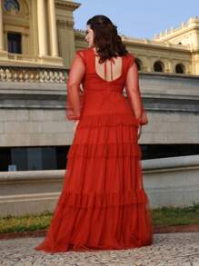 LONG DRESS FOR WEDDING BRIDESMAID TULLE LAYERS LONG SLEEVES - Burnt Orange - View 2