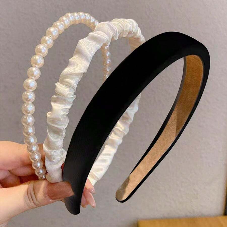 3件套女士发带，时尚发箍/发圈，夏季户外百搭装饰，女士发饰，发带，发圈头饰 - 黑海綿+白珍珠+白褶皺 - 查看 1