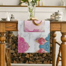 1/4 件斋月吉祥大理石粉红月亮与几何图案桌旗和餐垫套装、开斋节节日餐桌装饰面料、斋月装饰品、礼物、桌旗和餐垫套装，适合室内和室外庆祝活动、季节性派对配件、厨房餐桌装饰、派对餐桌装饰、居家房间桌旗