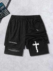 Men's Summer 2 In 1 Straight Sports Shorts, Black Street Graphic Print Breathable Knee-Length Pants