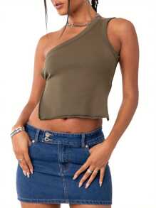 Women's Summer Mini Tank Tops Solid Color Sleeveless Backless One Shoulder Vest Tops - Grey - View 1