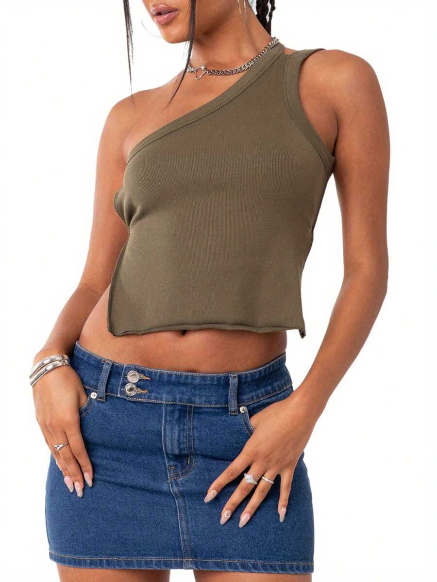 Women's Summer Mini Tank Tops Solid Color Sleeveless Backless One Shoulder Vest Tops - Grey - View 1