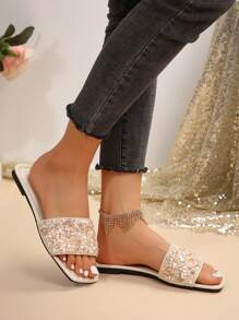 Mulheres Tira Strass Decoração Sandálias Casuais, Verão Ao Ar Livre Plástico Flat Chinelos