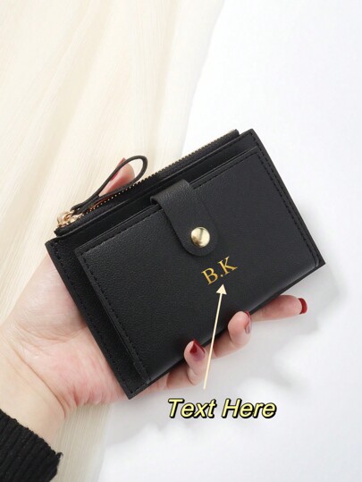 1pc Personalized PU Leather Short Wallet For Students, Unisex With Simple Button & Zipper Closure, Can Accommodate Cash, Coins, Bank Cards, Etc. Letter Name Hot Stamping Customization, Great Gift For Valentine's Day, Birthday, Holidays
