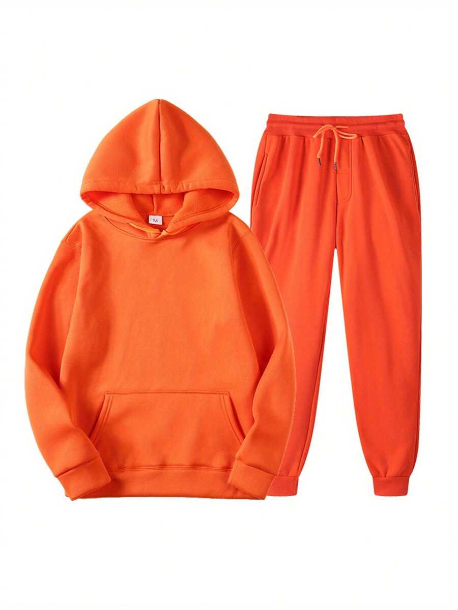 2Pcs Womens Spring Fall Sportswear Solid Color Hooded Long Sleeves Sweatshirt Drawstring Slacks Set Streetwear - Naranja - Ver 1