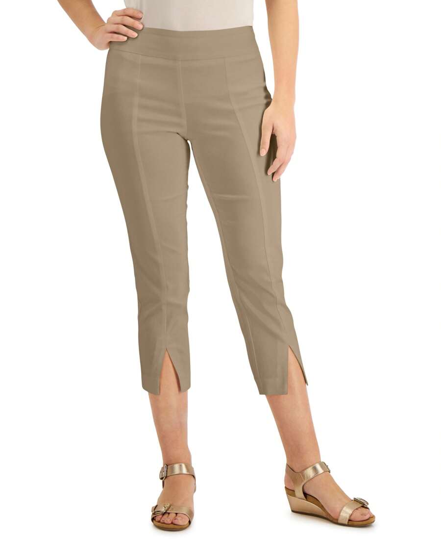 JM Collection Split Hem Capri Pants - Beige - View 1
