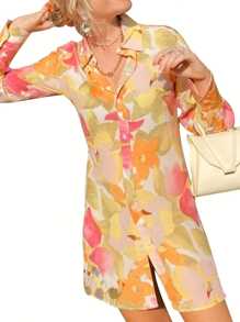 Women Temperament Shirt Dress Floral Printing/Color Matching Lapel Slim Fit Long Sleeve Mini Skirt - 黃色 - 查看 4