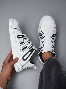 Men's Casual Comfortable Non-Slip Flat Round Toe Leather Low-Top Lace-Up Lightweight Breathable Outdoor Cargo Style Fashion Sneakers, Spring & Autumn - White Black Gray - View 2