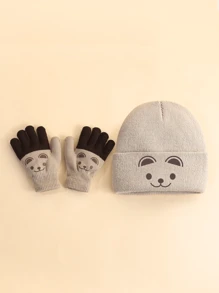 2pcs Baby Hat And Gloves Set, Cute Cat Rabbit Design, Girls Winter Warm Outfit, Suitable For Autumn/Winter - Khaki - View 2