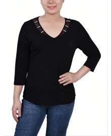 NY Collection Petite 3/4 Sleeve Top With Illusion Neckline Stones