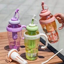 Large Silicone Water Bottle With Straw 1350ml Capacity With Portable Filter Plastic Bottle With Straw And Handle - 乾枯玫瑰色 - 查看 10