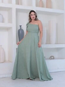 Victoria Long Luxury Dress Plain Duna Linen With Bow One Shoulder - Mint Green - View 5