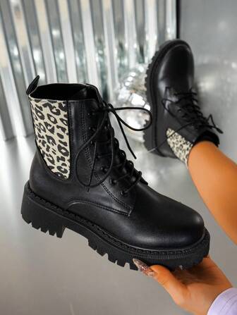 Women's Fashionable Mid-Heel Boots, Round Toe Lace Up Short Booties, Versatile Slip-On Design, Anti-Slip Thick Sole, Leopard Print Patchwork, Side Zipper, Suitable For Plus Size, Autumn/Spring