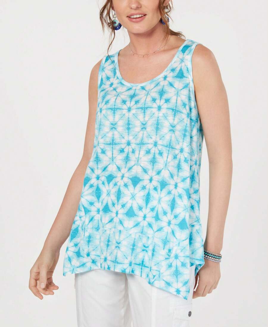 Style & Co Printed Scoop Neck Swing Top - Rainforest Green - View 1