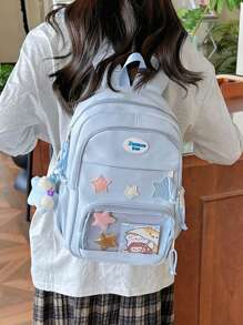 حقيبة ظهر نسائية باللون الوردي، حقيبة ظهر شفافة أنيقة من تصميم اللحف العشوائي، حقيبة نايلون كاجوال سعة كبيرة للسفر، حقيبة أنثوية هاراجوكو (مع خلاصة نجمة خماسية اللون عشوائي وبطاقة) - متعدد الألوان - مشاهدة 14