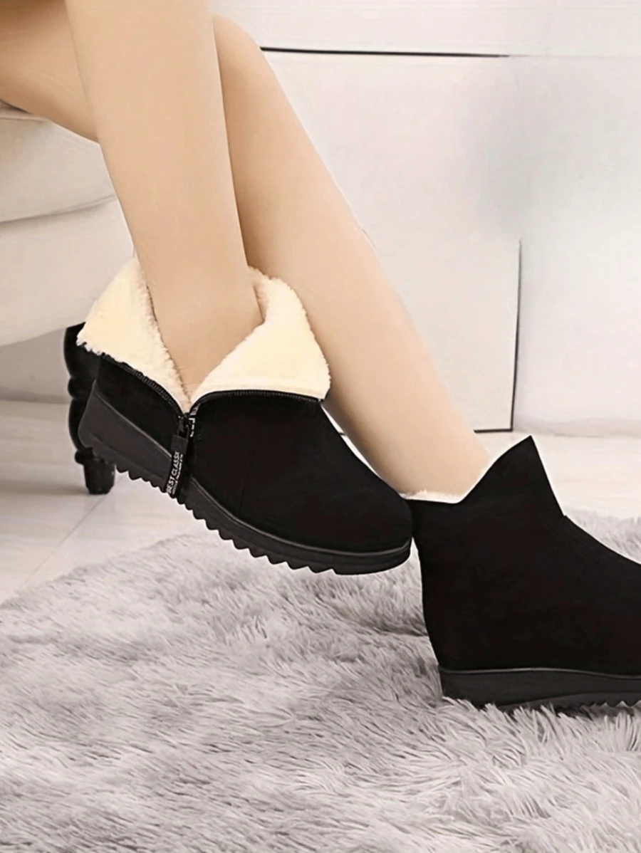 Autumn And Winter Black And Ankle Boots Zipper Round Toe Women's Short Boots Snow Boots Non-Slip Shoes With Velvet And Thick Platform Boots Warm Fur One Snow Boots