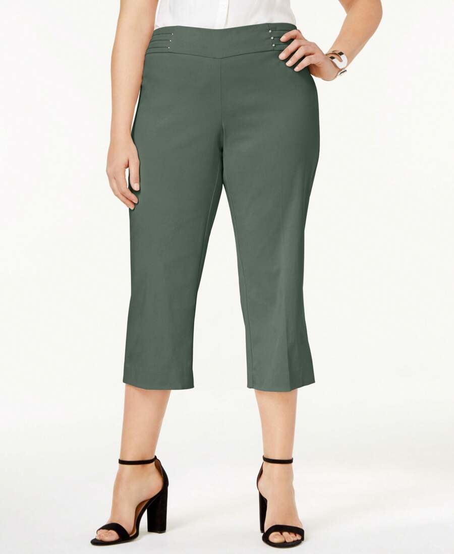 JM Collection Petite Rivet Detail Tummy Control Capri Pants - Green - View 1