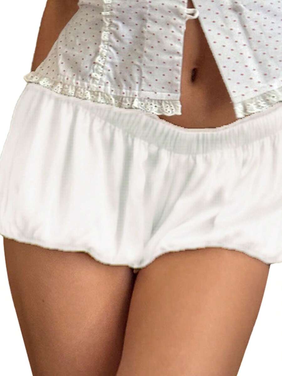 Women Y2k Silk Stain Mini Bubble Shorts Ruffle Micro Pumpkin Pj Bottoms Sleepwear Shorts Puffy Micro Balloon Lounge Pj Shorts Bloomers - 白色 - 查看 1