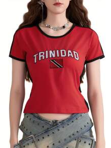 Y2k Baby Tees Women Raglan Short Sleeve Graphic Printed Tees Crop Tops Contrast Color Slim Fit T Shirts Teen Girls Summer Vintage Aesthetic Clothes Streetwear - 紅色 - 查看 9