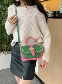 撞色绿休闲简约彩虹拼接小方包时尚个性百搭链条单肩斜挎包女包手提包 - 綠色 - 查看 6