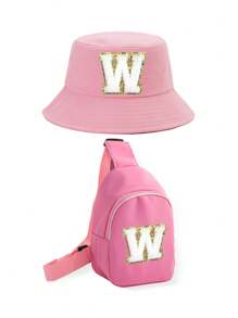 2pcs/Set Kids 26 Letters Bucket Hat And Bag Set, Suitable For Boys And Girls Casual Outings In Spring & Autumn - Pink - View 18