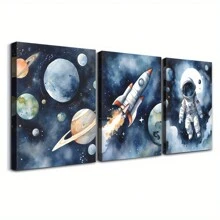 3pcs/Set Astronaut & Outer Space Canvas Art Set - Waterproof, Wooden Framed Wall Decor For Bedroom, Living Room, Office, And Dorm,Posters,Wall Art,Room Decoration Stuff Gifts Birthday Graduation
