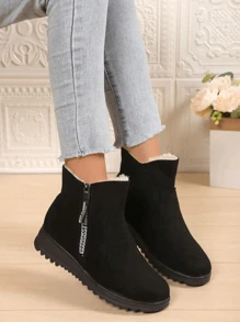 Autumn And Winter Black And Ankle Boots Zipper Round Toe Women's Short Boots Snow Boots Non-Slip Shoes With Velvet And Thick Platform Boots Warm Fur One Snow Boots - Black - View 5
