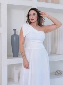 Victoria Long Luxury Dress Plain Duna Linen With Bow One Shoulder - Blanco - Ver 4