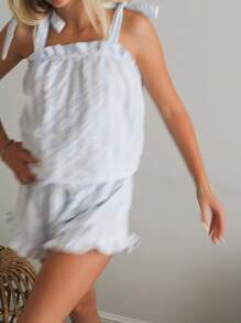 Conjunto de pijama sin mangas para mujer, top de tirantes a rayas y shorts a juego. Pijama de dos piezas. - Azul - Ver 2