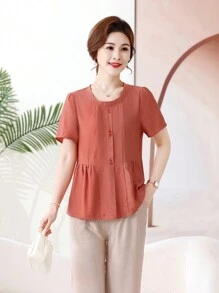 新款夏季女士中老年休闲宽松遮肚短袖衬衫上衣 - 桔紅色 - 查看 1