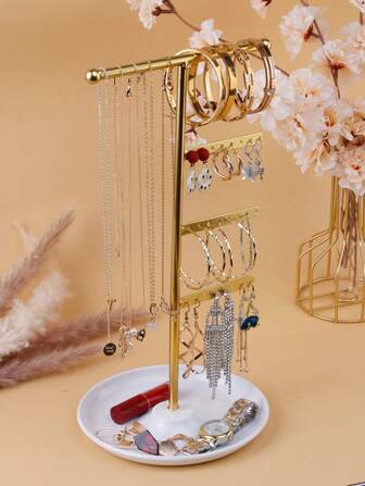 1 Pc Metal Jewelry Holder With Tray For Storing And Displaying Necklaces, Earrings And Bracelets. Earring Display Stand, Suitable For Home Storage Or Jewelry Retail, Valentine's Day Gift