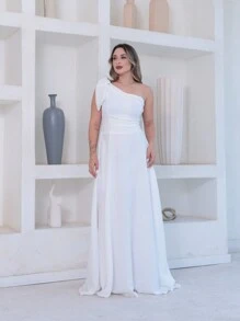 Victoria Long Luxury Dress Plain Duna Linen With Bow One Shoulder - Blanco - Ver 3