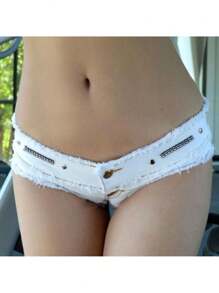 Womens Casual Summer Short Jeans, Triangle Crotch Low Waist With Buttons For Summer Party Beach