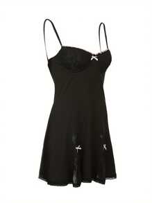 Female Dress, Contrast Color Lace Trim Sleeveless Spaghetti Strap One-Piece With Bowknot, Black, S/M/L - Black - View 7