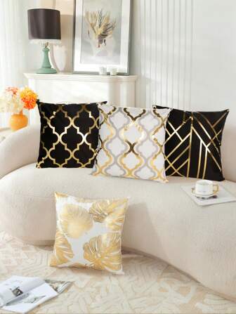 1pc Ramadan Decorations Gold Stamping Leaves Bronzing Printed Cozy Soft Throw Pillow Cases Cushion Covers For Sofa Home Decoration 18 X 18 Inches