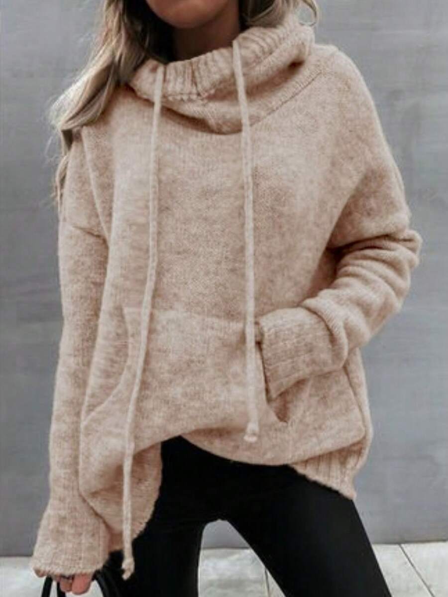 Plus Size Casual Loose Cowl Neck Drawstring Knit Sweater, For Winter - Khaki - View 1