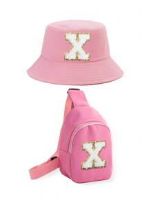 2pcs/Set Kids 26 Letters Bucket Hat And Bag Set, Suitable For Boys And Girls Casual Outings In Spring & Autumn - Pink - View 31
