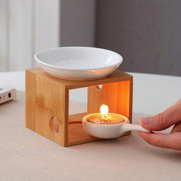 1pc Bamboo Double-Circle Aroma Lamp Burner (Candle And Essential Oil Not Included), Ceramic Home Fragrance Oil Wax Melt Warmer