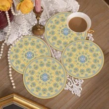 1 件/4 件家居装饰，花卉图案波西米亚风格圆形皮革餐垫 - 复古黄色曼陀罗花，花卉图案，防滑耐热可洗涤纶纤维餐桌垫，适合用餐和派对