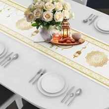 1pc Ramadan Themed Polyester Table Runner, Traditional Golden Floral Pattern, Suitable For Ramadan, Eid Al Fitr Celebration Decoration, For Table, Coffee Table, Bar Counter Decor, Holiday Supplies - Multicolor - View 8