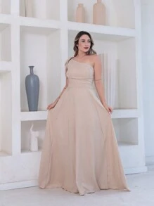 Victoria Long Luxury Dress Plain Duna Linen With Bow One Shoulder - Beige - View 3
