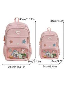 حقيبة ظهر نسائية باللون الوردي، حقيبة ظهر شفافة أنيقة من تصميم اللحف العشوائي، حقيبة نايلون كاجوال سعة كبيرة للسفر، حقيبة أنثوية هاراجوكو (مع خلاصة نجمة خماسية اللون عشوائي وبطاقة) - متعدد الألوان - مشاهدة 11