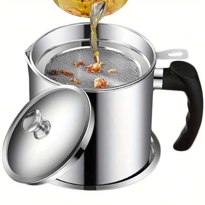 Stainless Steel Oil Storage Canister With Filter, Lid And Pouring Handle, Designed For Filtering And Storing Cooking Oil