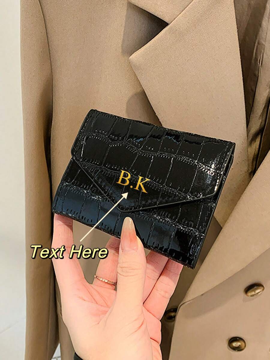 1 件个性化金属鳄鱼压纹翻盖小钱包口袋，金箔压印字母名称定制，超薄女士钱包，双折轻质 PU 皮革身份证钱包，简约时尚现代商务周年纪念礼物 - 黑色 - 查看 1